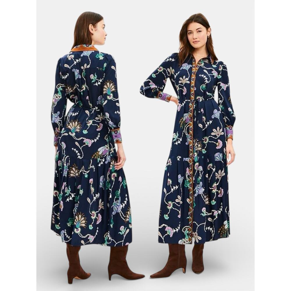 Navy Peacock Floral Midi Shirtdress Pleated Tie Waist Size 6 Office Career Chic